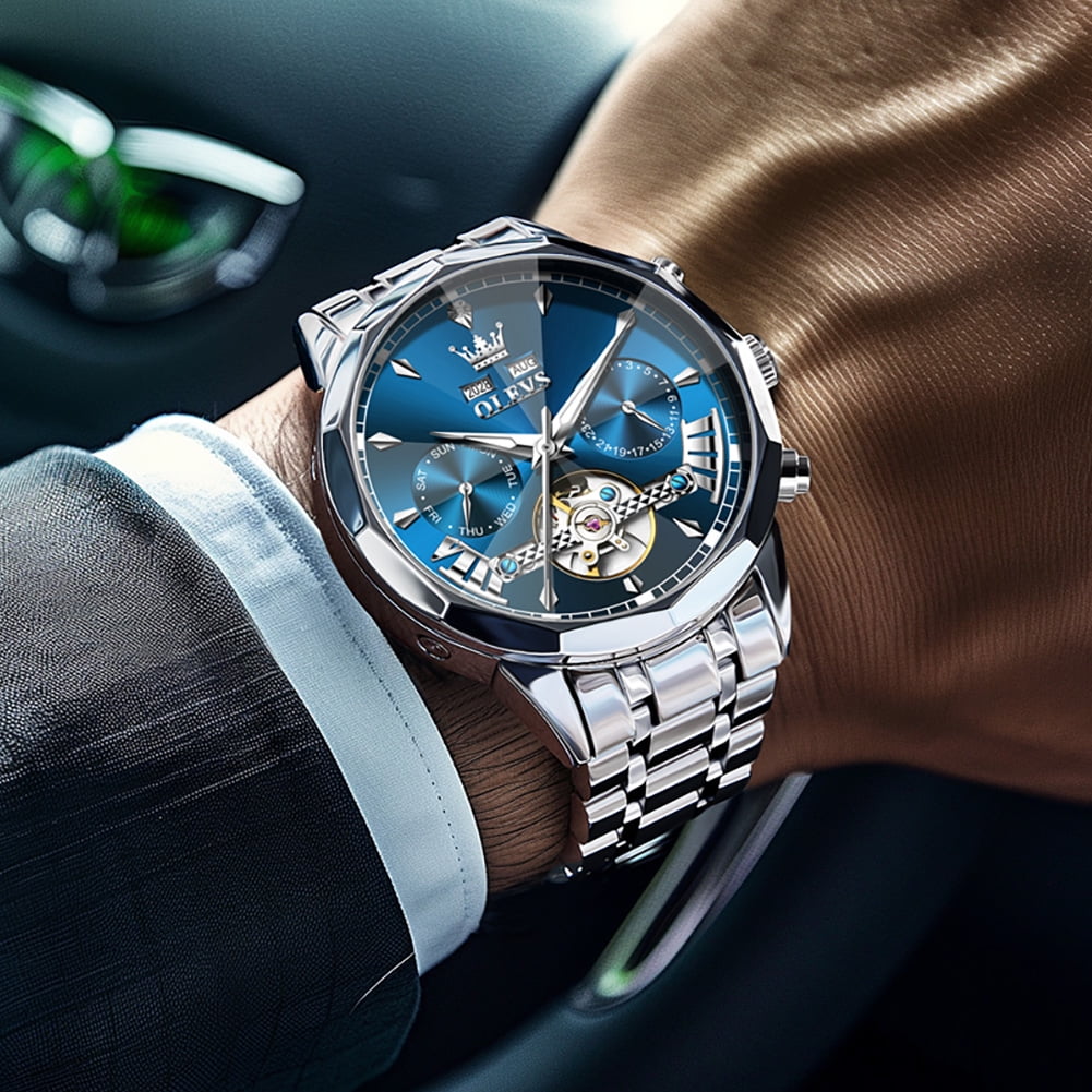 OLEVS Automatic Watches for Men Luxury Dress Waterproof Self Winding Mechanical Chronograph Diamond Stainless Steel Luminous Date Skeleton Tourbillon Mens Watches Gift Reloj Para Hombre Blue Dial