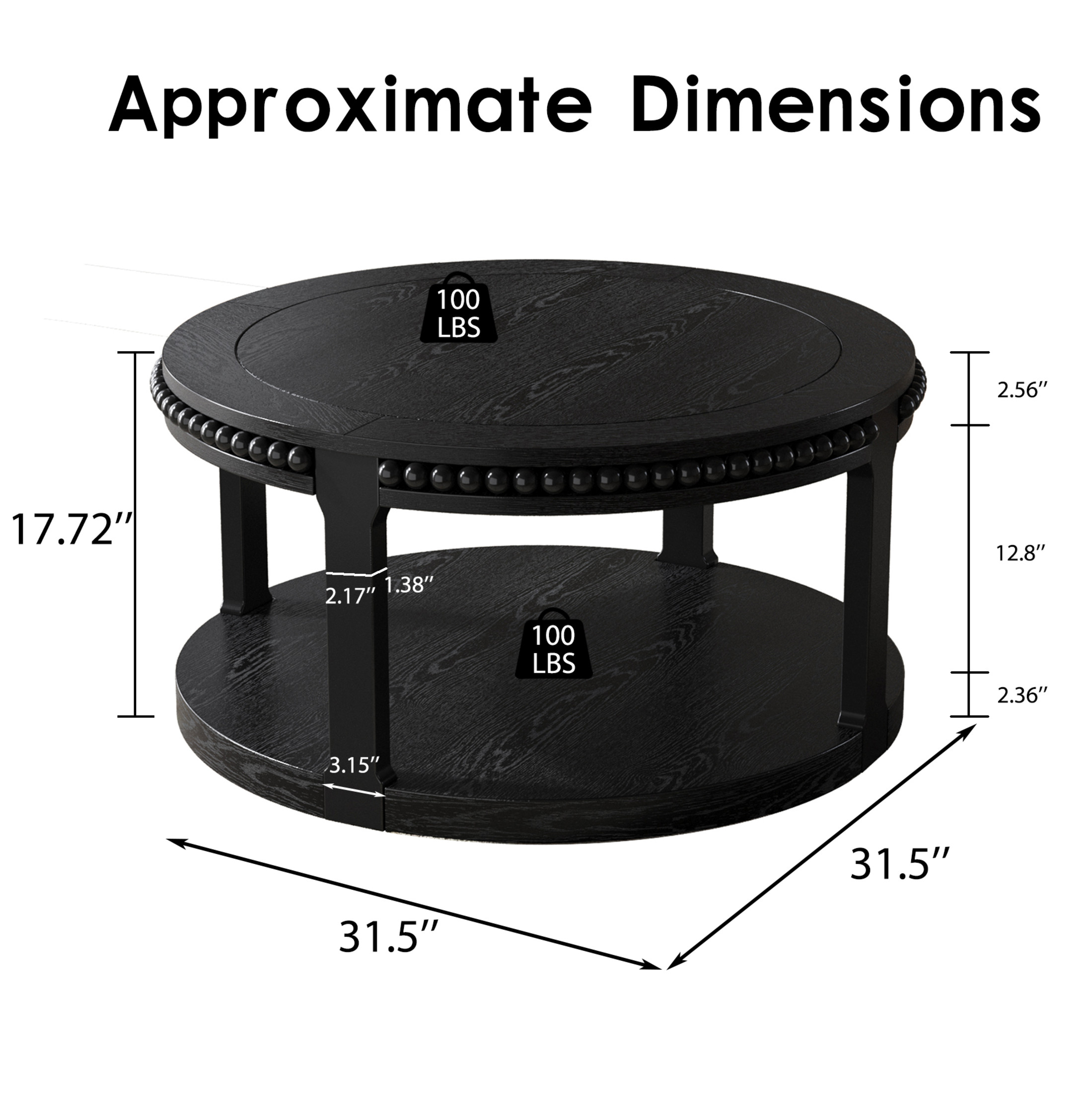 Noble House Solid Wood Round Coffee Table for Living Room,2-Tier Rustic Wood Desktop with Storage Shelf Modern Design Home Furniture, Black