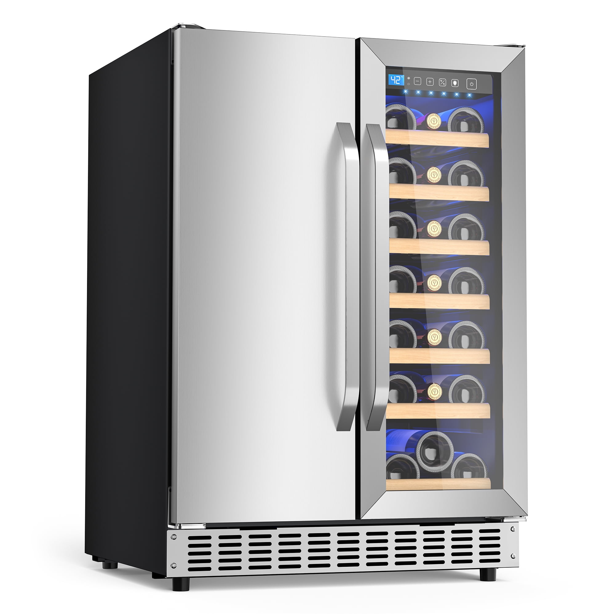 AVAHUM 24 Inch 21-Bottle & 88-Can Hybrid Door Dual Zone Wine and Beverage Refrigerator, Under Counter Built-In Cooler, Curved Handle
