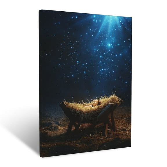 CozyNet Baby Jesus In Glowing Manger Humble Nativity Scene Under Radiant Starlight Wall Art Prints With Frame Canvas Perfect for Living Room & Bedroom, Ready to Hang, Wall Decor 12"x16"