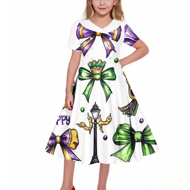 Vestido de manga corta con cuello vuelto para niñas Vestido elástico de manga corta para niñas Vestido skater con volantes de corte A Vestido de recital escolar Vestido de manga corta con cuello vuelt