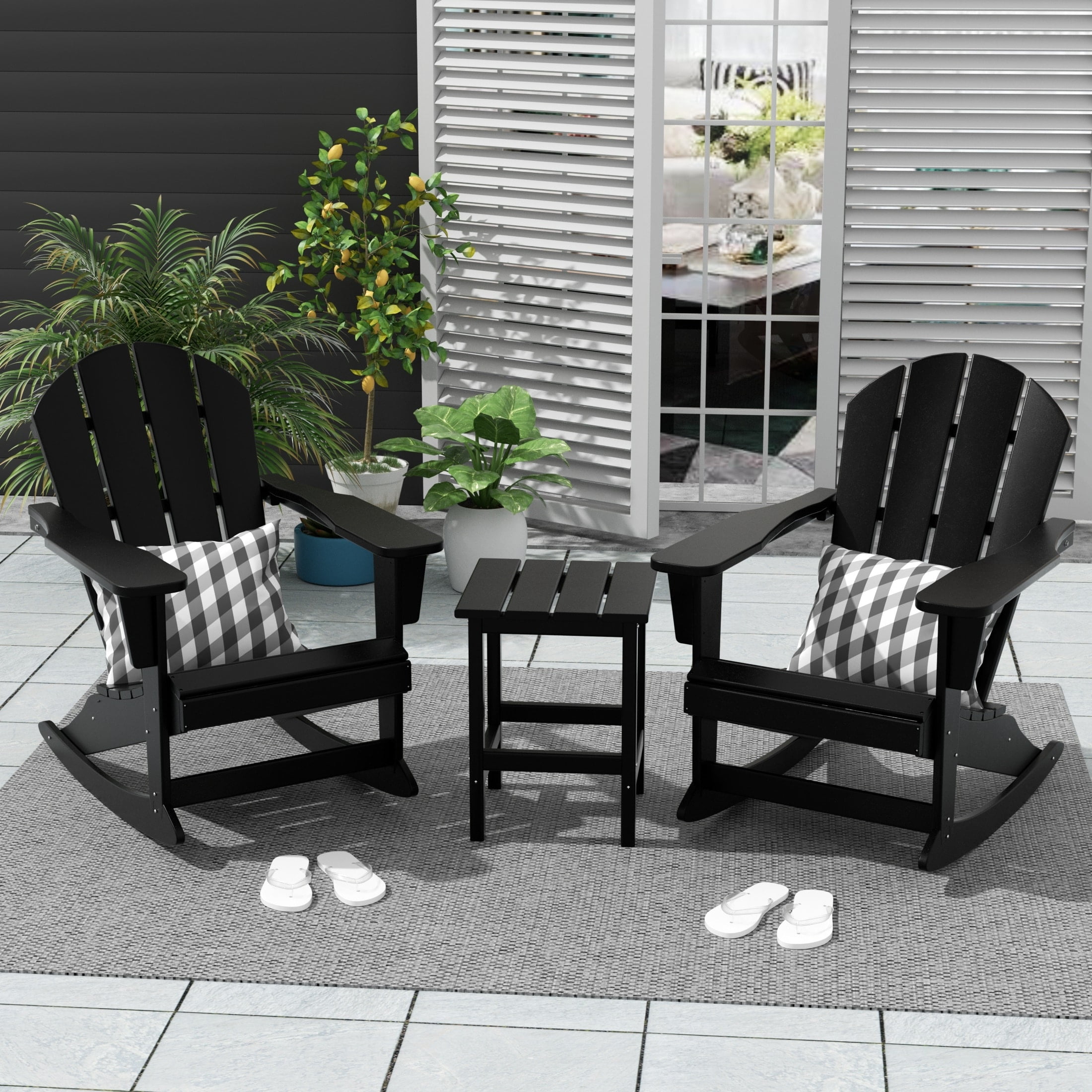 Polytrends Laguna Hdpe All Weather Outdoor Patio Rocking Chairs With Side Table (3-Piece Set) Black