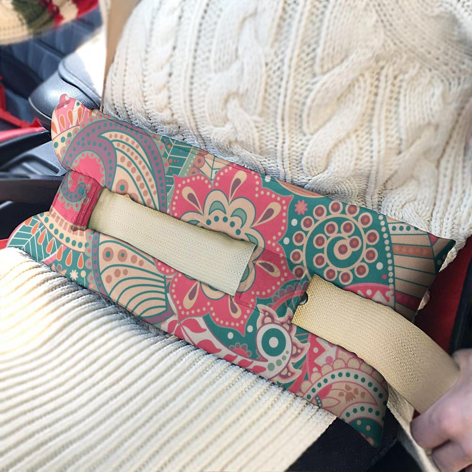 Abstract Decorative Paisley Print Seatbelt Pillow for Post-Surgery - Mastectomy Breast Cancer Heart Surgery Recovery - Mandala Inspired Car Cushion with Hook-and-Loop Straps