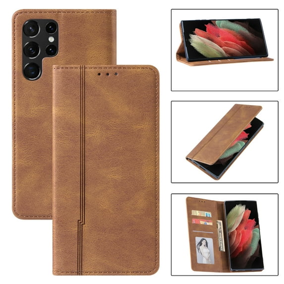 Wallet Case for Samsung Galaxy S23 Ultra Premium PU Leather Flip Folio Cover, Card Slots Holder Magnetic Closure Soft TPU Shockproof Anti-Scratches Case for Samsung Galaxy S23 Ultra,Brown