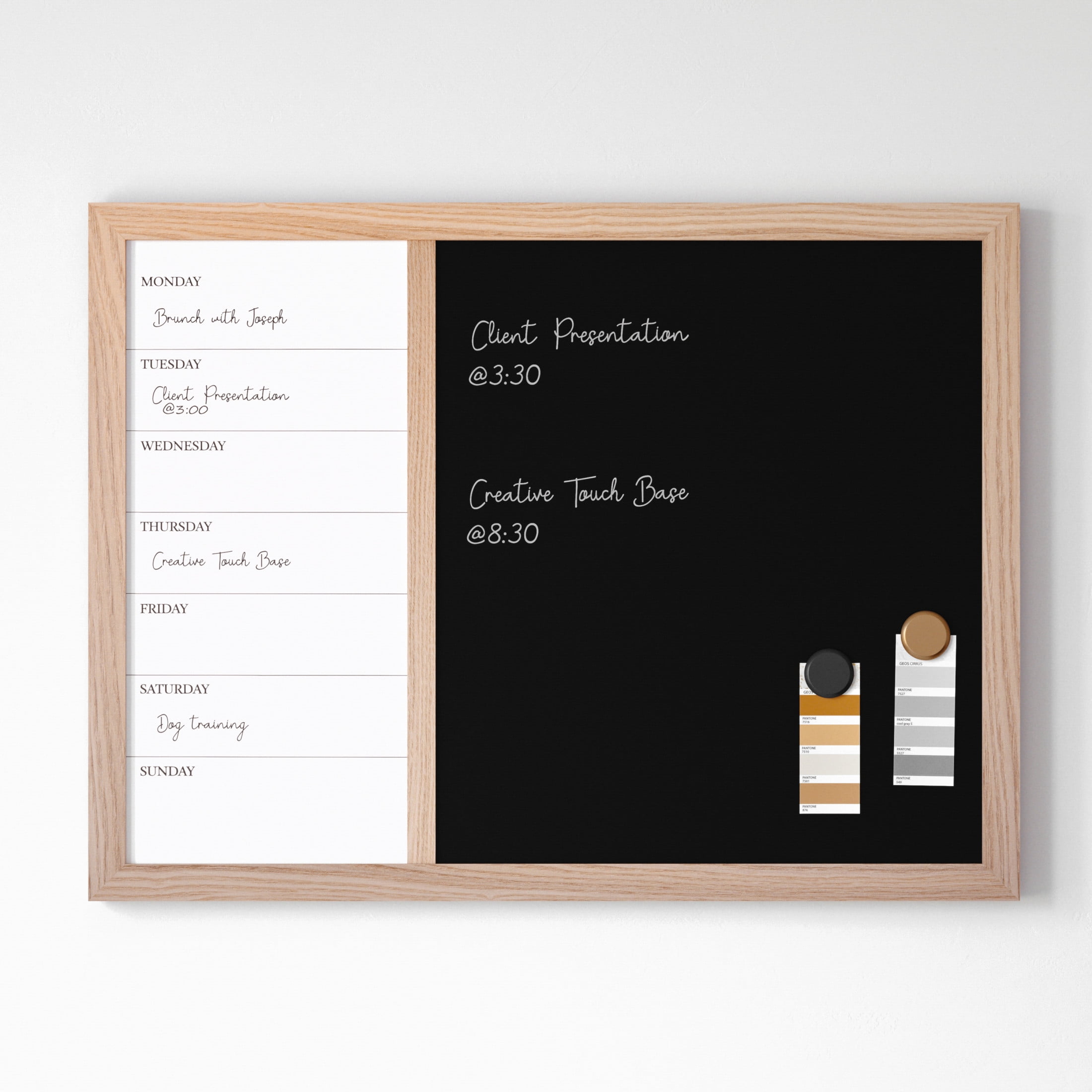 Martha Stewart Everette 24"x18" Magnetic Weekly Calendar Dry Erase Board and Chalk Board with Liquid Chalk Marker and Magnets, Light Natural Woodgrain Frame