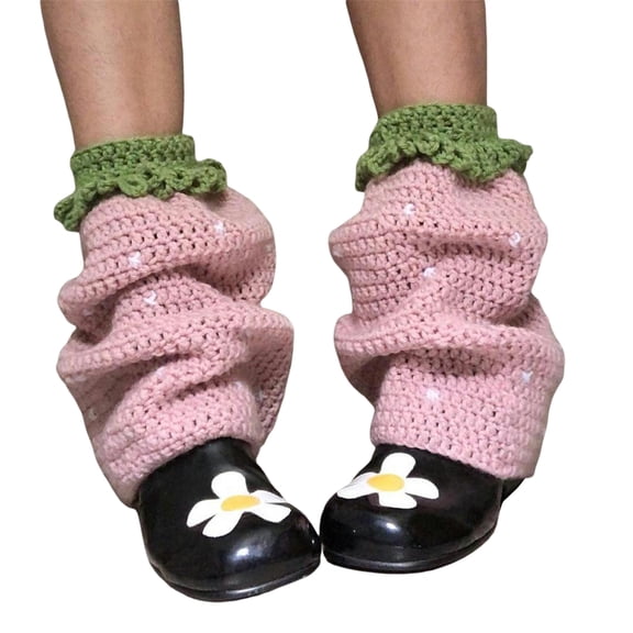 Hirigin Women Y2k Strawberry Leg Warmers Knee High Socks Knit Aesthetic Boot Cuffs Japanese Kawaii Streetwear Leg Cover