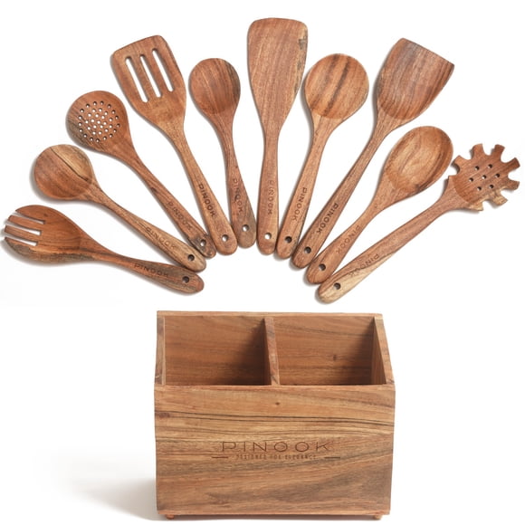 Pinook Home- Acacia Wood Spatula Set with Spatula Holder- 10pcs