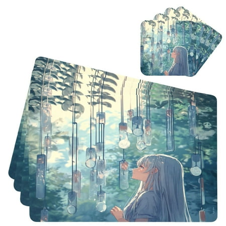 

Wobogo Wind Chimes Lass Placemats Coasters Set of 4 Heat-resistant Non-slip Easy to Clean Square Dinner Plate Mat
