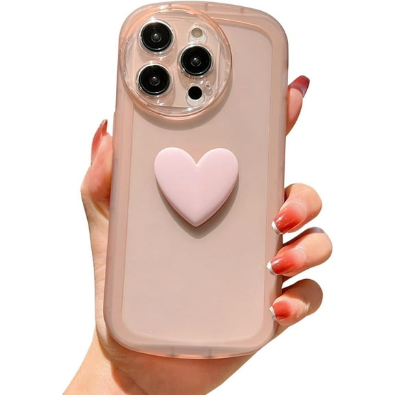Compatible with iPhone 15 Pro Case for Women Girls Cute 3D Heart Clear Phone Case with Camera Lens Protection Transparent Frosted Edge Soft Silicone Shockproof Cover Funda 6.1 Inch (Pink)