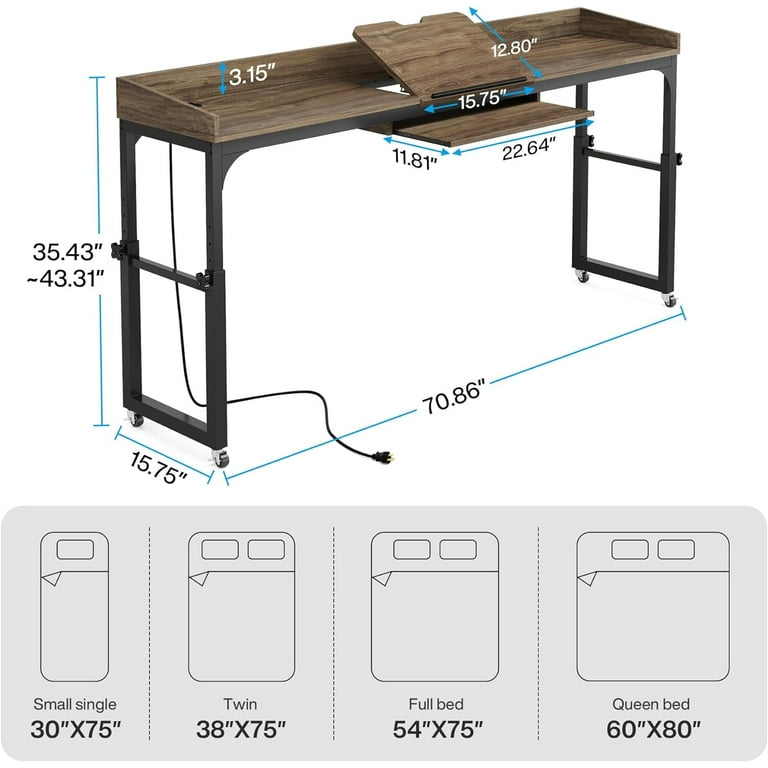 Tribesigns Adjustable Overbed Table, Queen Size, Rolling
