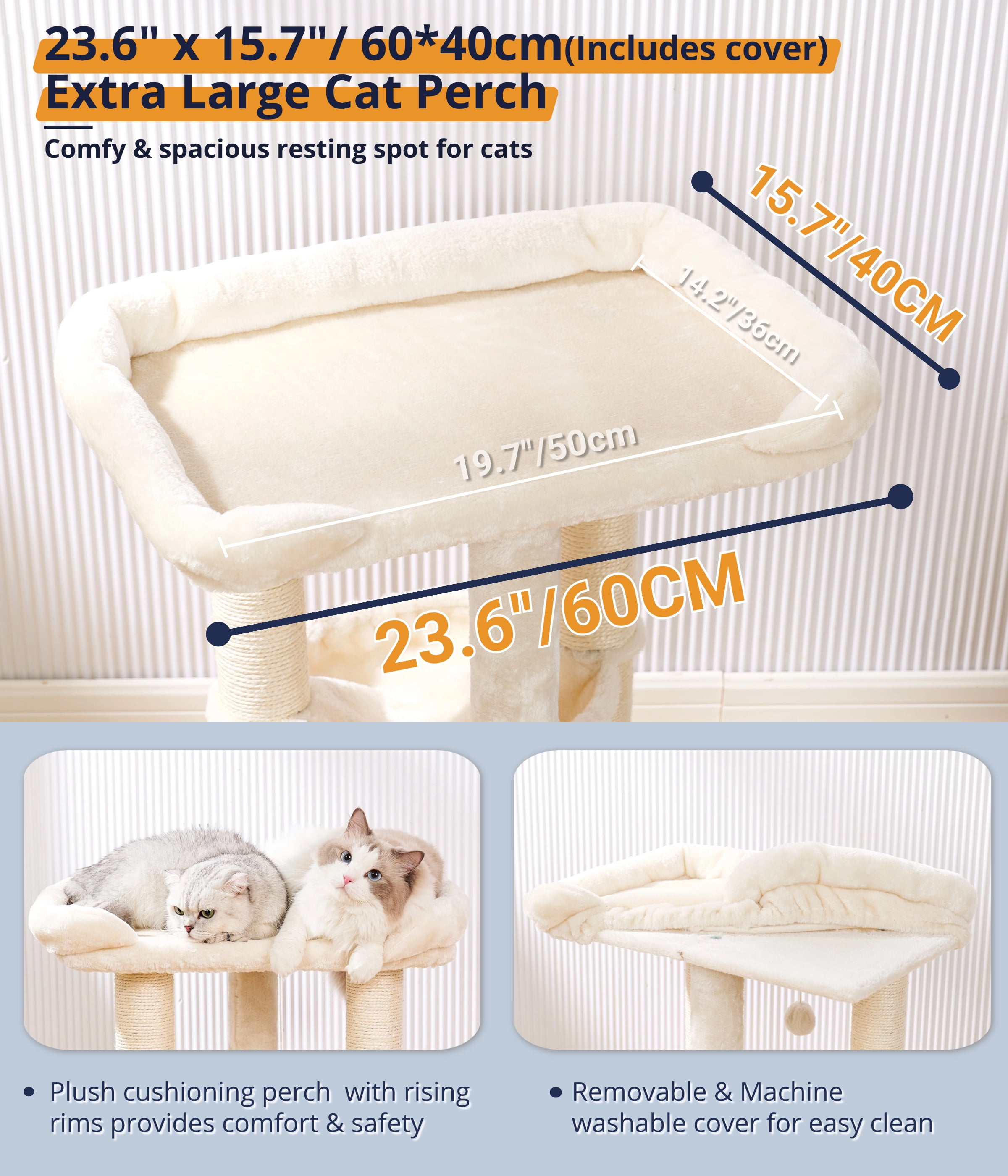 Happi N Pets 28" Cat Tree Tower, Tall Cat Scratching Post with Perch for Window Viewing, Large Bed for Big Cats, Cat Tower with Hammock, Removable Cover-Beige