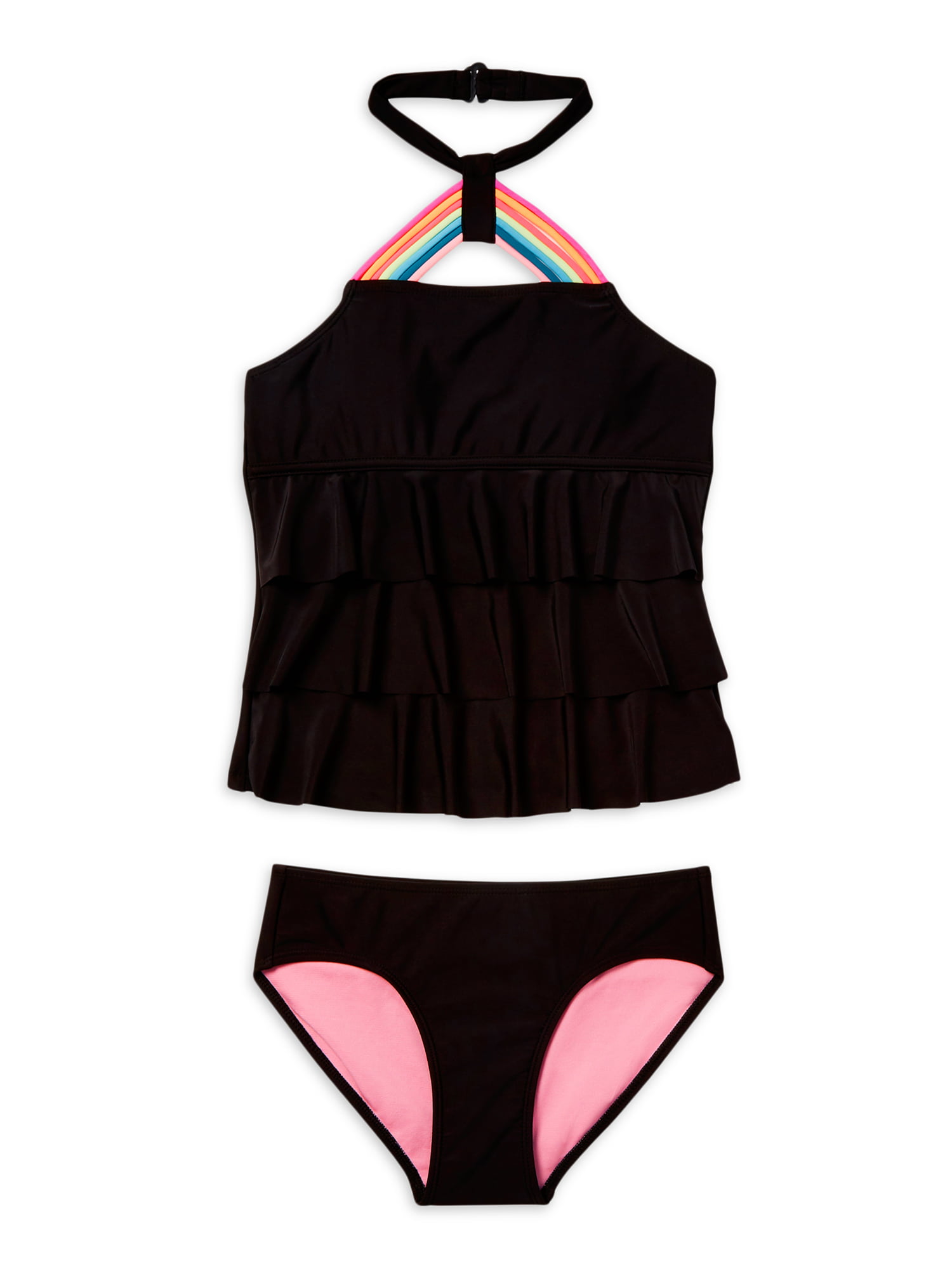 Justice Girls 2 Piece Ruffled Halter Rainbow Strap Tankini Swimsuit, Sizes  5-18 