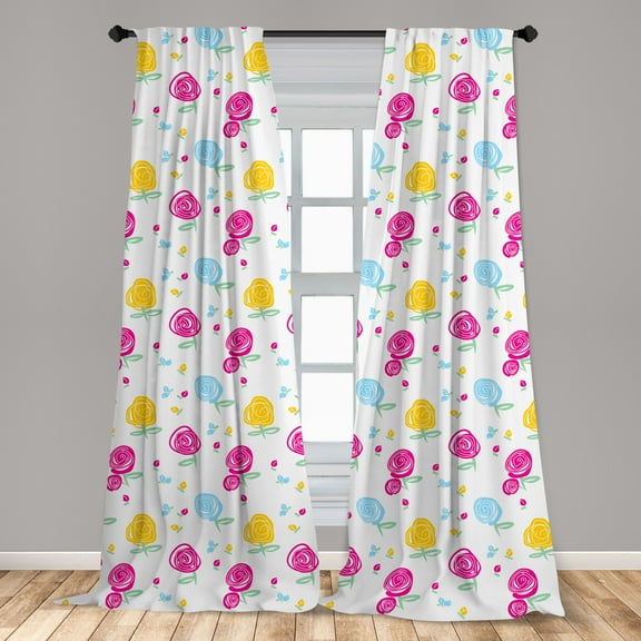 Flower Curtains 2 Panels Set, Cartoon Design Abstract Roses and Buds Pattern, Window Drapes for Living Room Bedroom, 56"W X 95"L, Coconut Multicolor, by Ambesonne