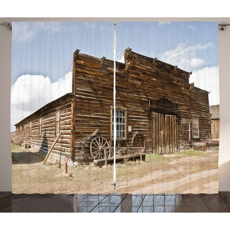 Barn Wood Wagon Wheel Curtains 2 Panels Set Abandoned Mercantile