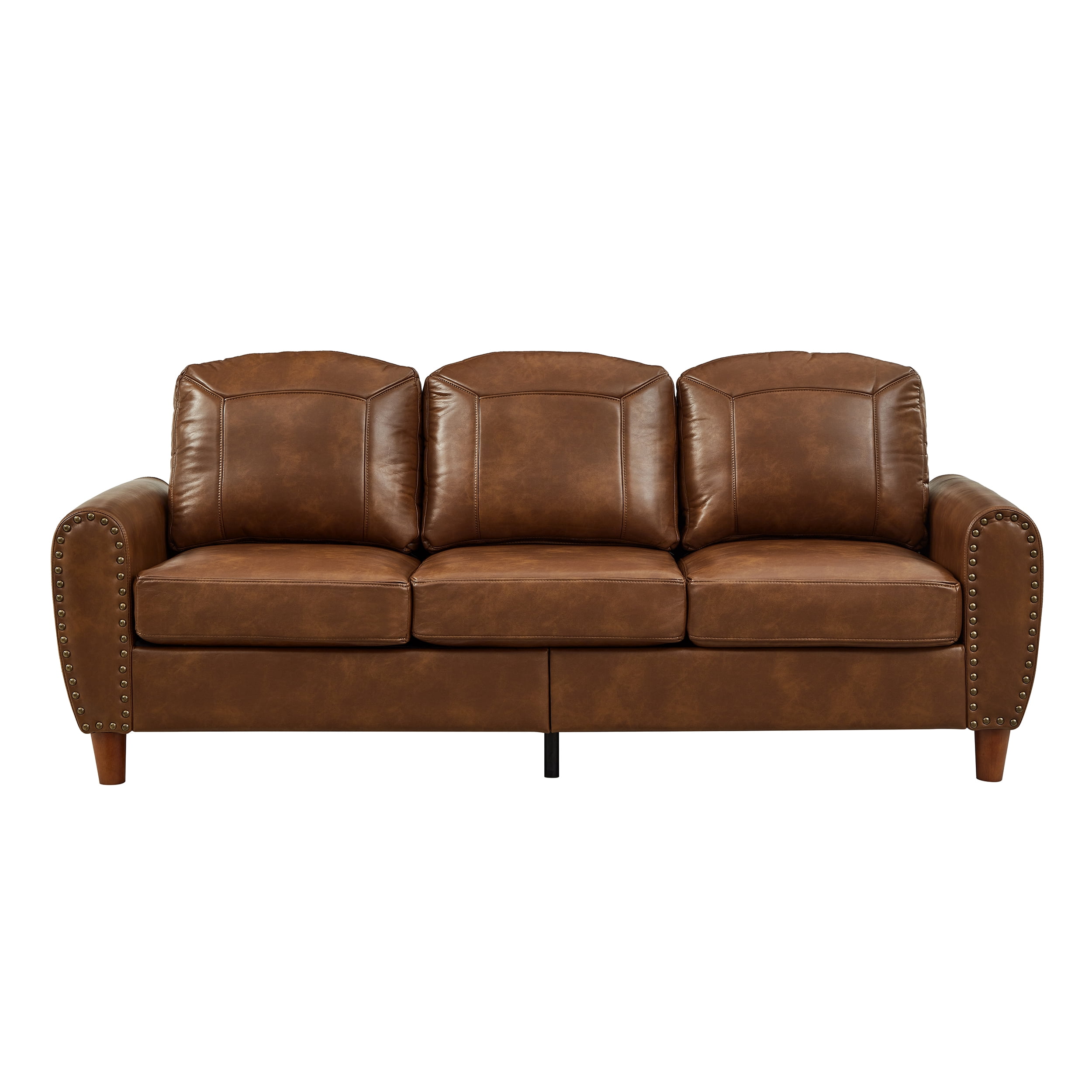 Mid-Century Modern Faux Leather 3-Seater Sofa,81.5"W Classic Rolled Arm Sofa Couch with Brass Nailhead Trim & Solid Wood Legs,Apartment,Living Room,Brown