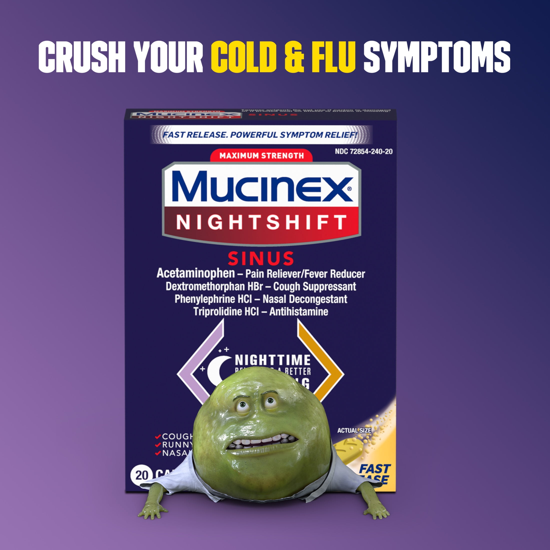 Mucinex Nightshift Sinus Medicine, OTC Fever Reducer, Cough Suppressant, Nasal Decongestant, 20 Caplets