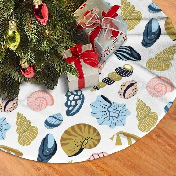 Christmas Tree Skirt, Golden Pink Blue Shell Conch Soft Plush Christmas Tree Decorations Indoor, Tree Skirts Mat for New Year Halloween Holiday Christmas Party Decor 30"