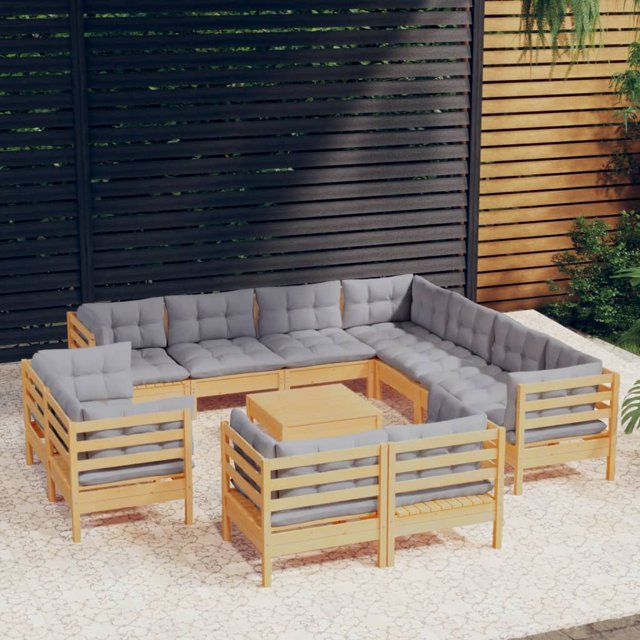 vidaXL 12 Piece Garden Lounge Set with Grey Cushions Solid Pinewood