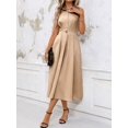 thumbnail image 6 of Khaki Solid Minimalist Stand Collar Sleeveless A-Line Midi Dress For Women, 6 of 7