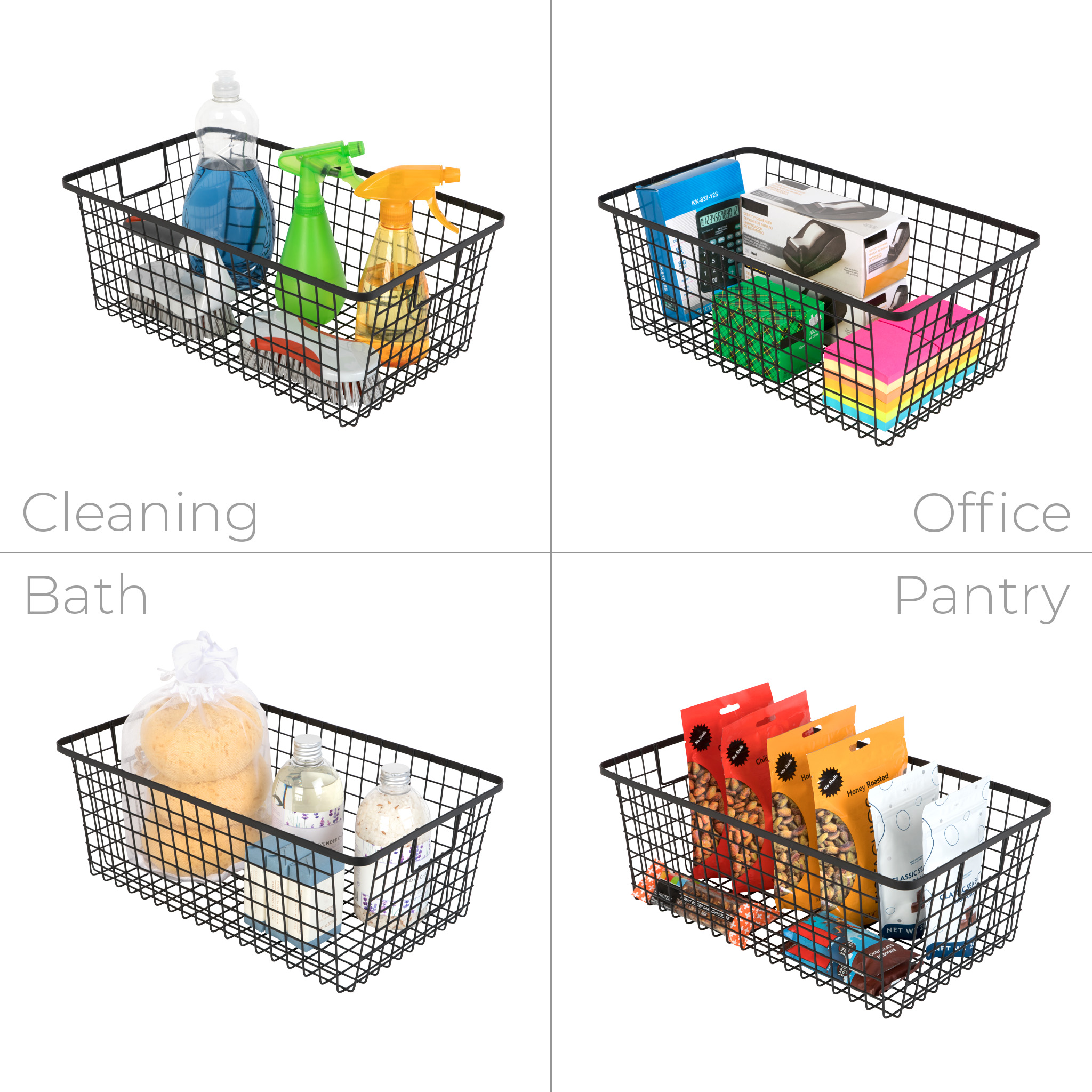Smart Design Nestable Basket Organizer with Handles - 9 x 16 x 6 inch - Black - Set of 4
