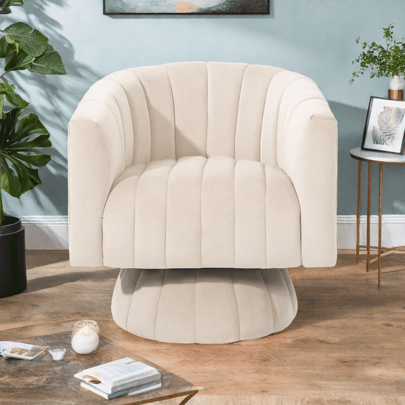 TUAREX Swivel Accent Chair with Armrest, Mid Century 360 Degree Swivel Barrel Chair, Overstuffed Tufted Velvet, for Living Room Bedroom, Beige