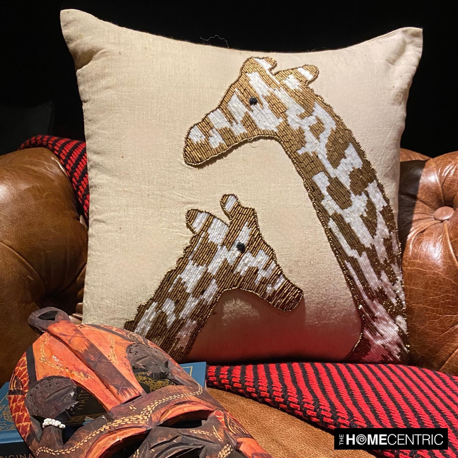 The HomeCentric Pillow Case With Zipper Decorative Animal Print Pillow CoverAccent Couch Sofa Bed Pillow Case Pack of 2 24x24 inch Beige Linen Pillow Cover Bead Embroidered - Giraffe Talk