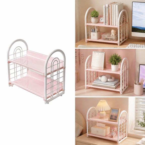 Liujiale Double Layer Desktop Storage Rack Desk Bookshelf Organizer, 2 Tier Hollow Tabletop Shelf for Dormitory Office, Pink