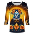 thumbnail image 4 of Women's Day of The Dead Print T-Shirt Crew Neck 3/4 Sleeve Loose Fit Mexican Skull Tee, 4 of 4