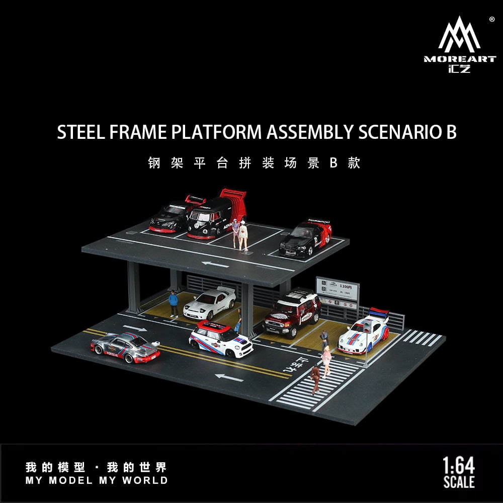 NUEIOVRW Diorama 1:64 Parking Lot Model, LED Lighting Diecast Car Garage Display Model, Car Showroom Scene Building Model Toy Gift, Car Models Display Case