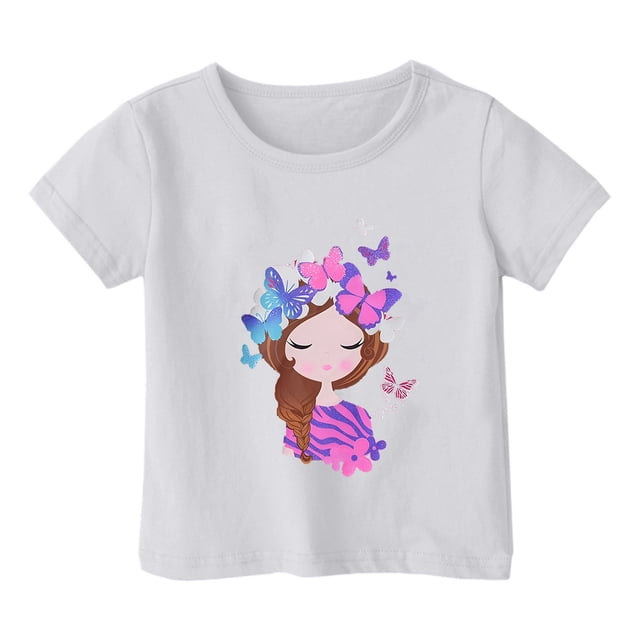 Chemises Filles Mode Décontractée Imprimé Col Rond Manches Courtes T-Shirt Haut Vêtements Filles Tout-Petits Blanc 3-4 Ans