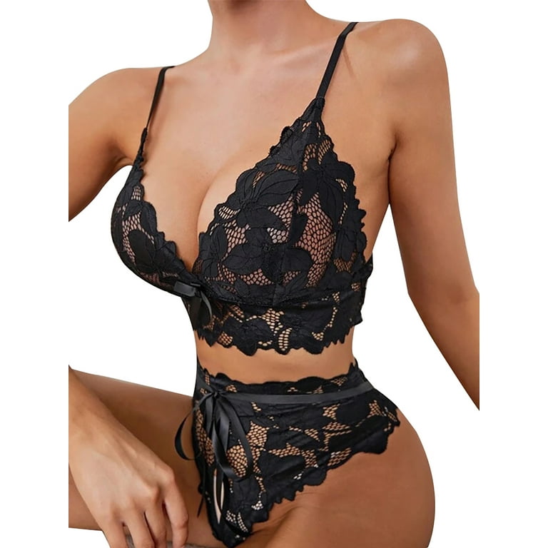 JustVH Women Sexy Sheer Floral Lace Pajamas Lingerie Set Mid Waist