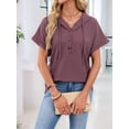thumbnail image 4 of Women Summer Tops Waffle Knit Short Sleeve Drawstring Hoodies Button V Neck Casual Blouses Shirts Brick Red XL, 4 of 9
