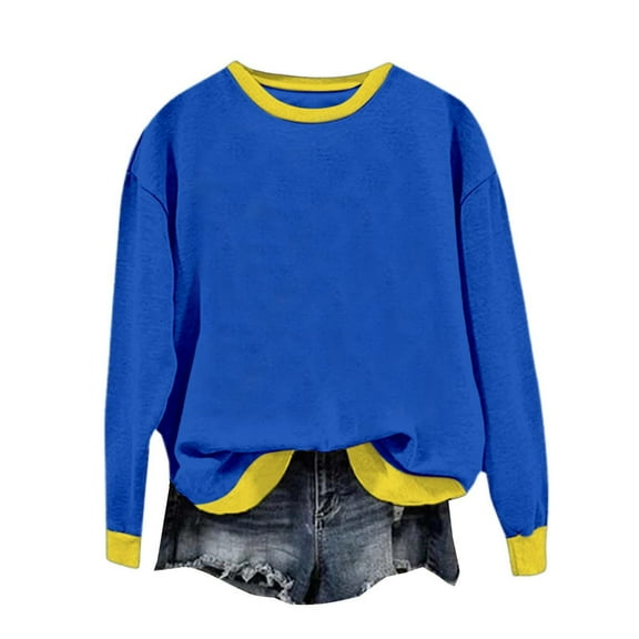 Holzkary Sweatshirts for Women Hoodies Women's Contrasting Color Casual Long Sleeved Round Neck Sweatshirt Graphic Printed Pullover Top Comfy Fall Winter Outfits Clothes 2025 Fashion Blue L