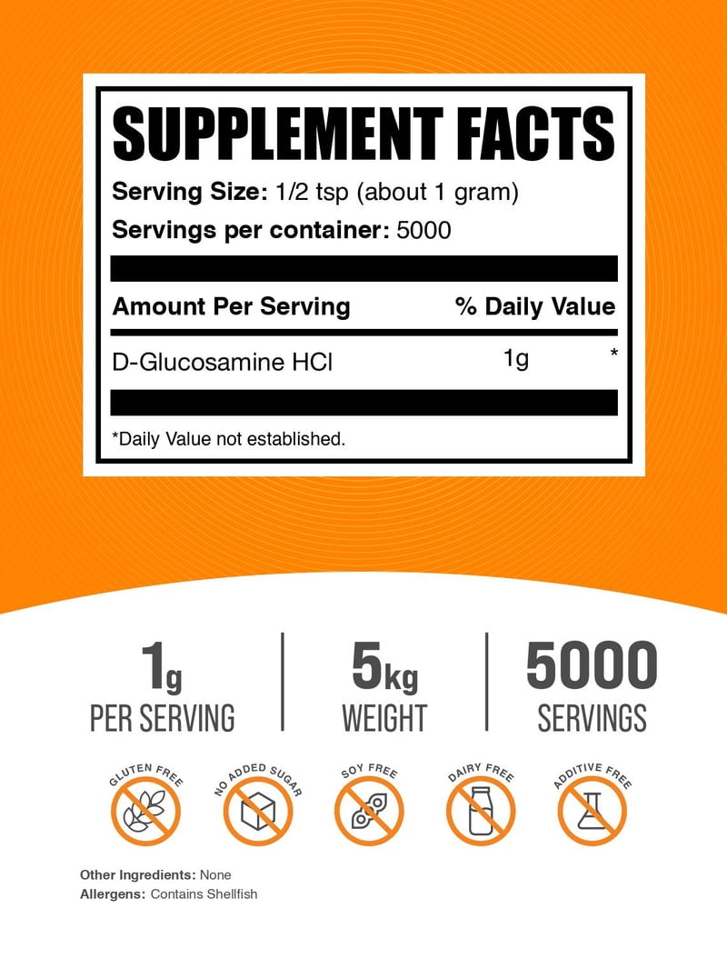 BulkSupplements Glucosamine HCl Powder - 1g per Serving - 5 Kilograms (11 lbs) - 5000 Servings