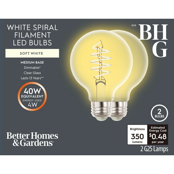 Better Homes & Gardens 4W (40W Equivalent) Soft White Dimmable G25 White Filament Light Bulbs E26 Base 2 Pack