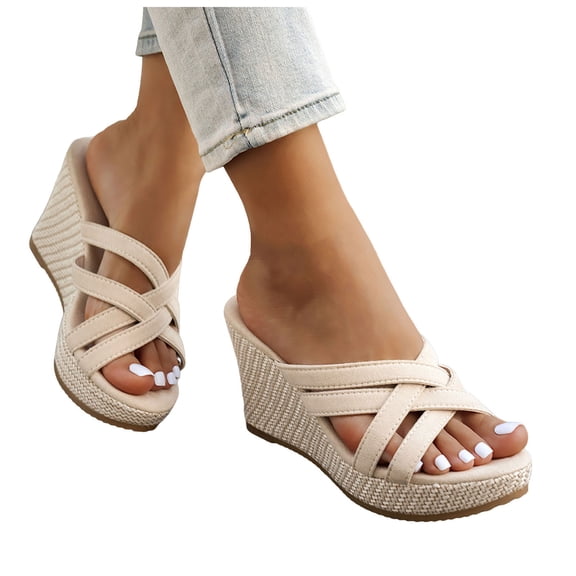 Platform Espadrilles Sandals for Women Wedges Heels Slip on Slides Casual Open Toe Strappy Beach Shoes White Size 8