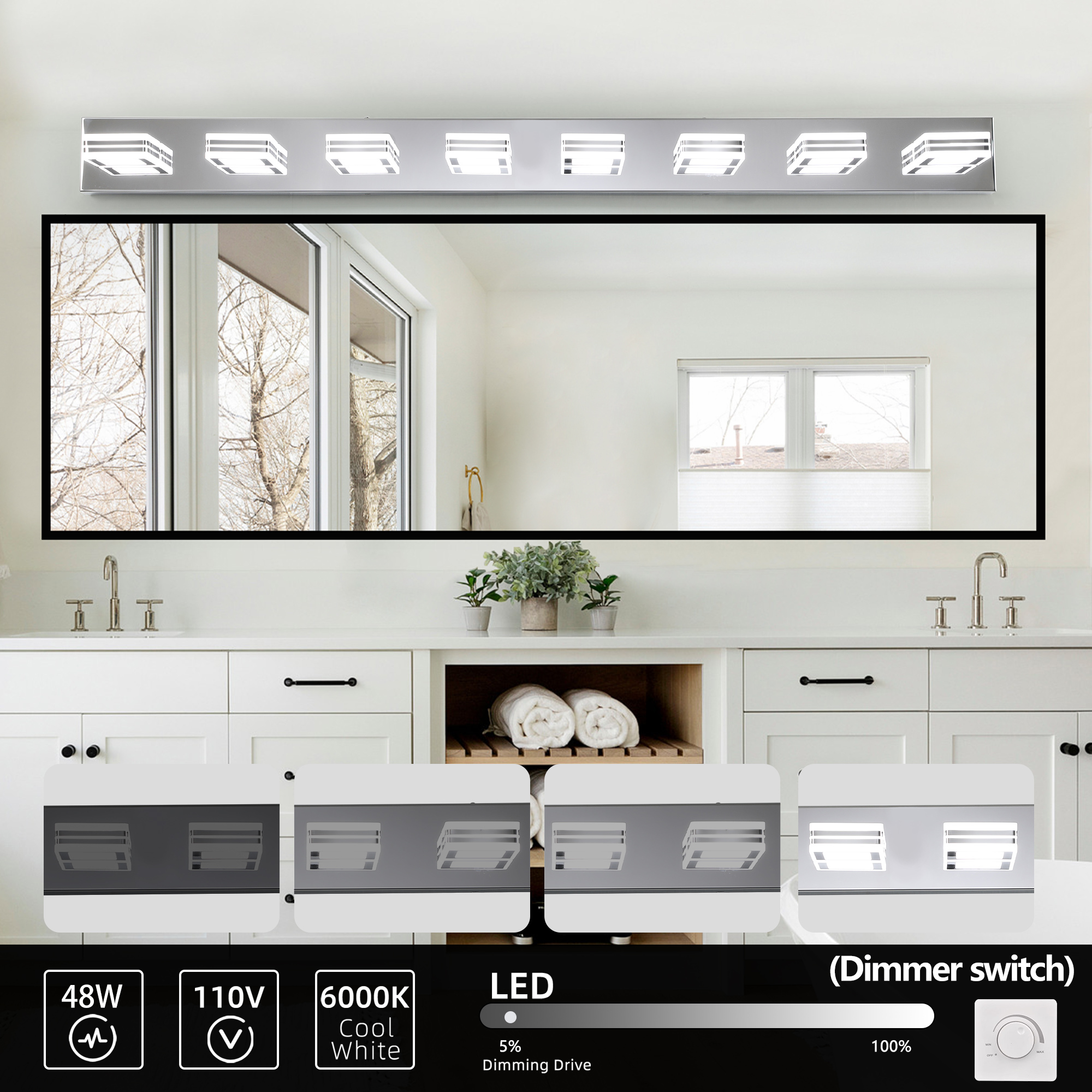 Leumius Modern 8-Light LED Vanity Light, Square Acrylic Lampshades Wall Mount Fixture for Mirror, Bathroom, Bedroom and Hallway Chrome