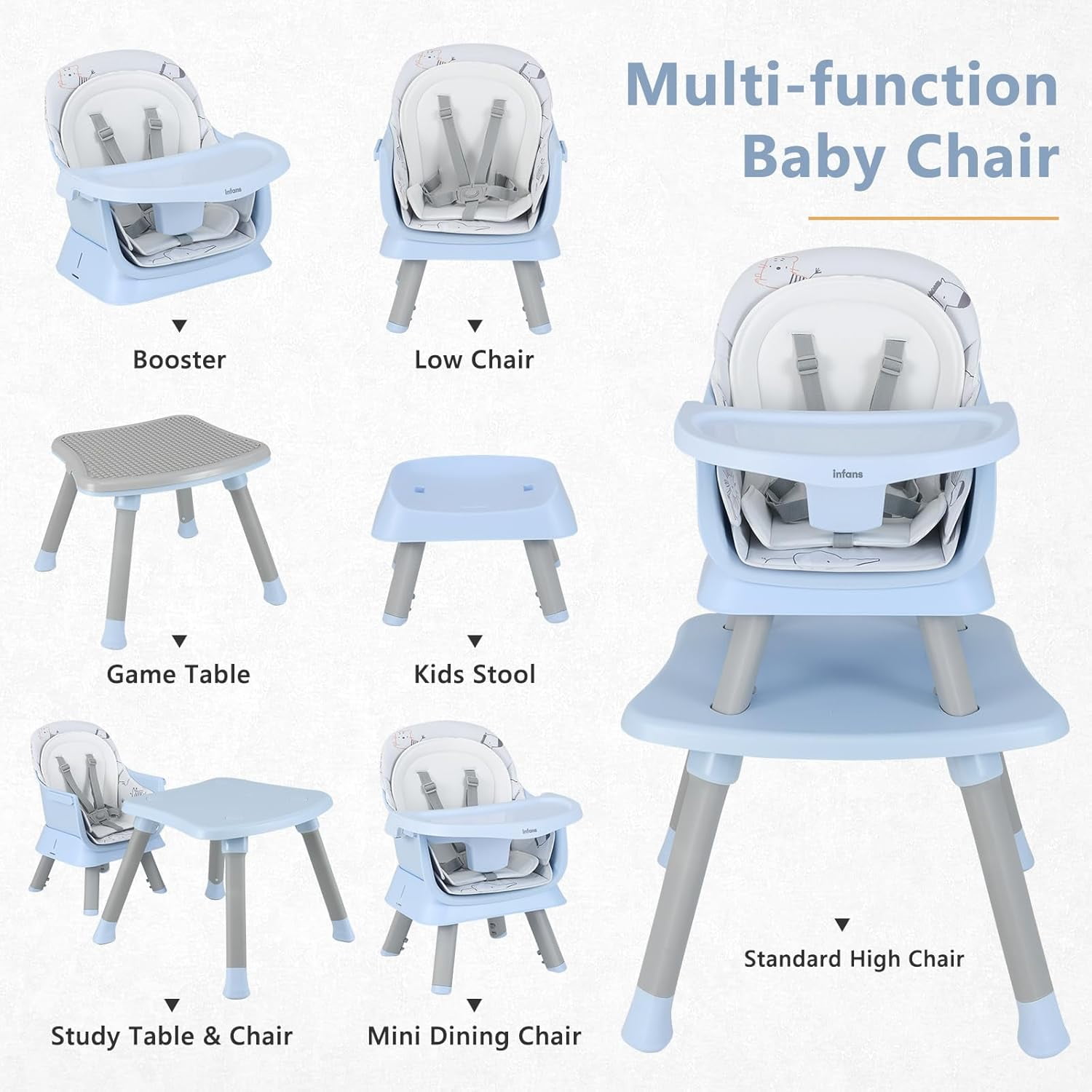 INFANS 8 in 1 Baby High Chair, Convertible Highchair for Babies and Toddlers, Infant Dining Booster Seat, Building Block Table, Kids Stool Table Chair Set with Removable Tray