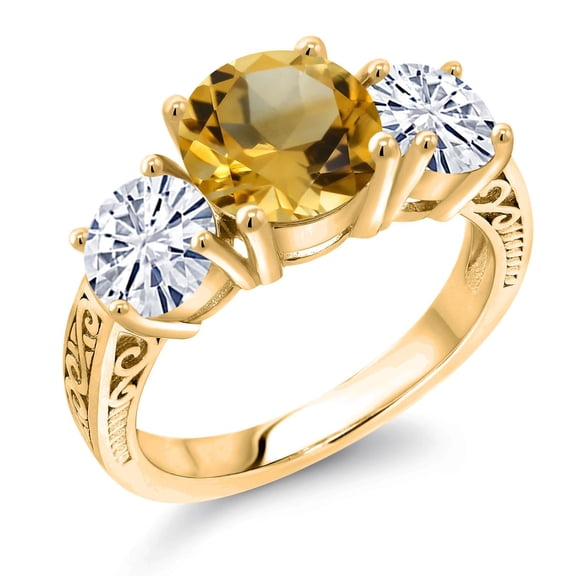 Gem Stone King 18K Yellow Gold Plated Silver Yellow Citrine and White Moissanite Engagement Ring for Women | 3.10 Cttw | Round 8MM | Gemstone November Birthstone | Size 5