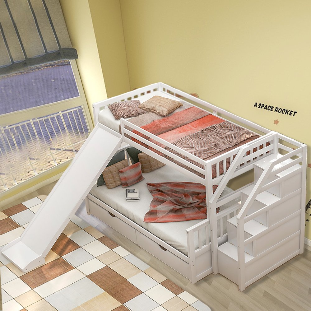 Kids Twin/Full Bunk Bed with Slide,