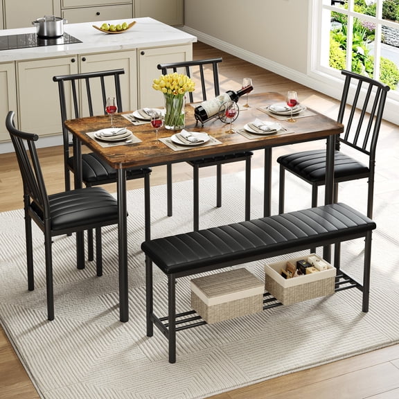 Legahome Dining Set for 6, Modern 6 Piece Dining Table Set with Bench, Small Space Rectangular Kitchen Table and Chairs Set, Wood Dining Tabletop and PU Leather Chairs, Brown