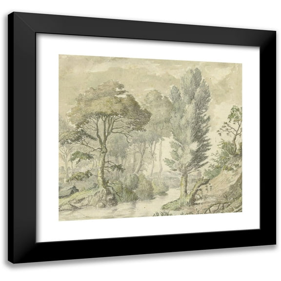 Elias van Nijmegen 13x12 Black Modern Framed Museum Art Print Titled - Forest Landscape with a Hill on the Right and in the Middle of Water (1677 - 1755)
