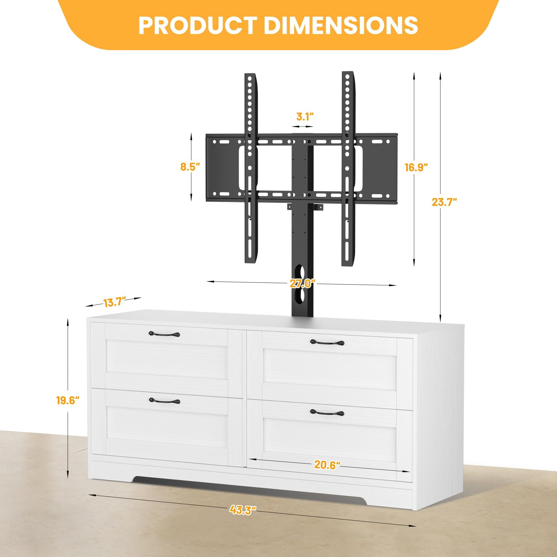 TV Stand with Mount & 4 Drawers, Wooden Entertainment Center for TVs Up to 80 Inch, Adjustable Media Console Table for Living Room Bedroom, White