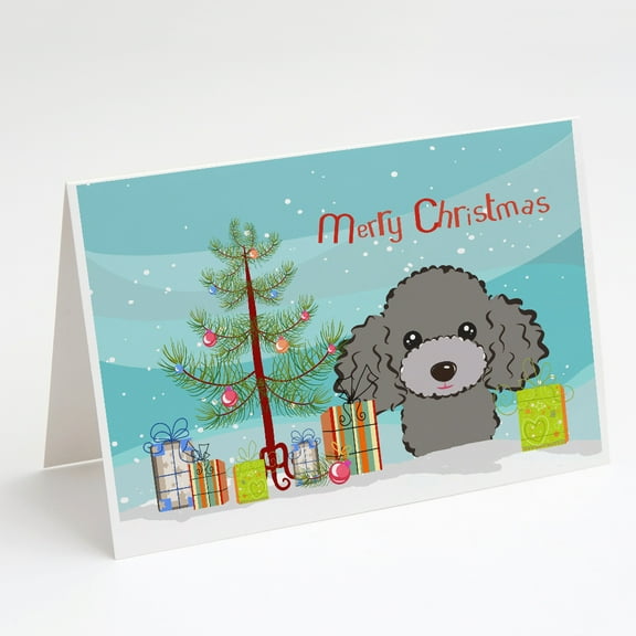 Christmas Tree and Silver Gray Poodle Greeting Cards and Envelopes Pack of 8