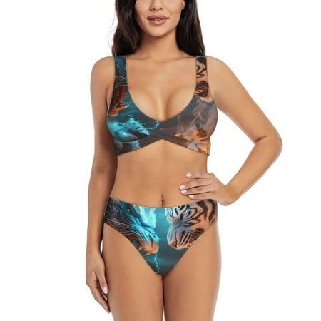 Zeuib Blue Dragon And White Tiger High Waisted Tummy Control Bikini Set - Knot Front Push Up Top & Cheeky Thong Bottom  Two-Piece Swimsuit for Women-X-Large