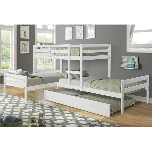 L Shaped Twin Bunk Beds Frame with Trundle, No Box Spring Needed, White