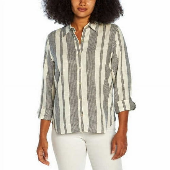 Orvis Ladies' Long Sleeve Linen Blend Top, Island Stripe - Navy/White Large