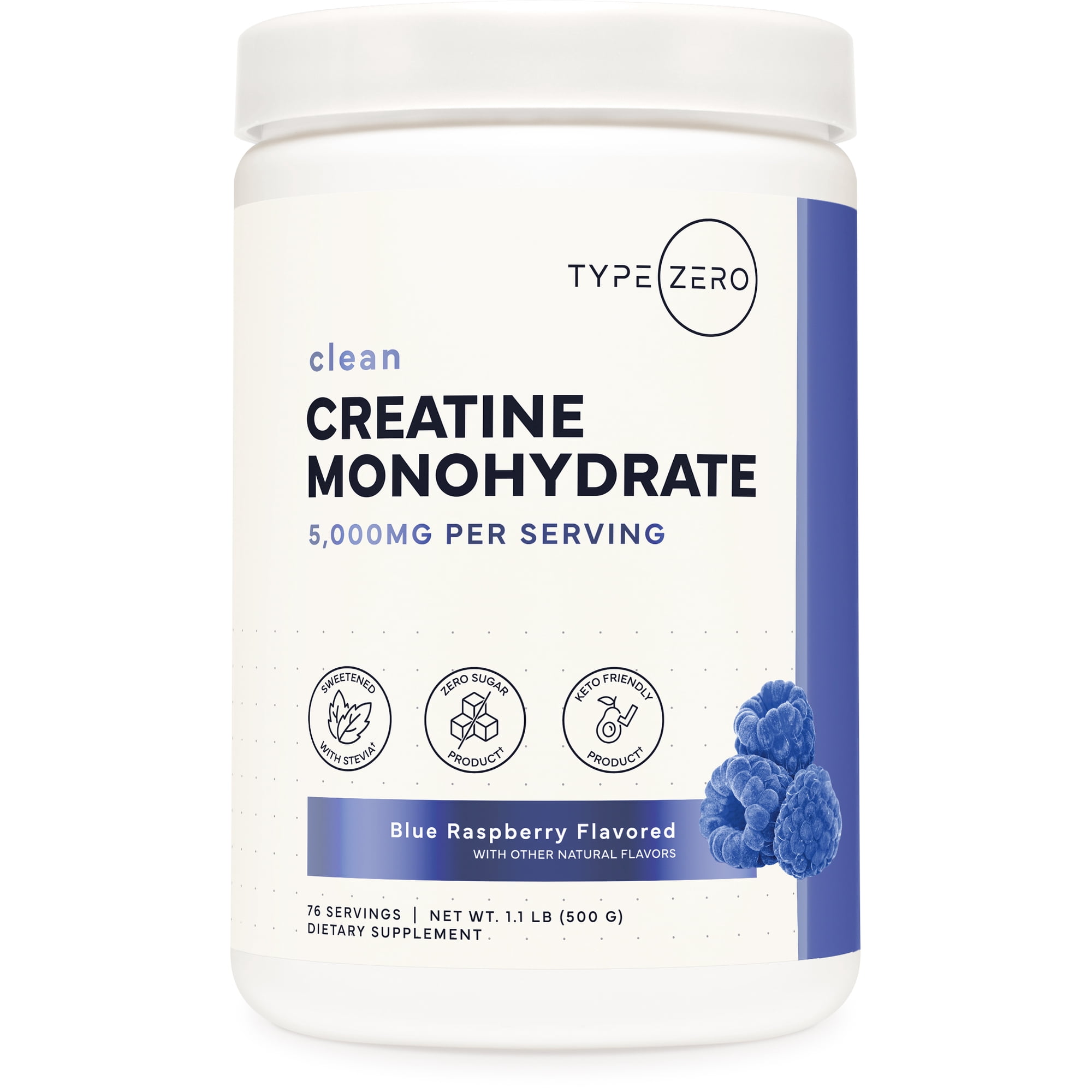 TypeZero Creatine Monohydrate Powder 500 Grams, Blue Raspberry Flavor - Gluten-Free