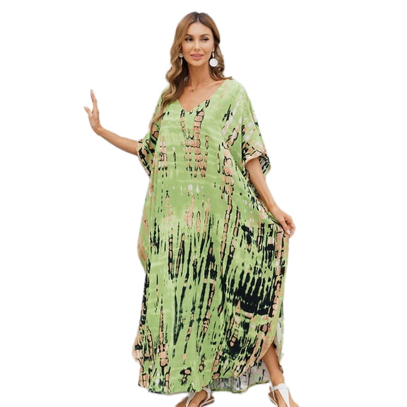 Women Tie-Dye Striped Beach Dress Swimsuit Cover Up Loose Long Kaftan