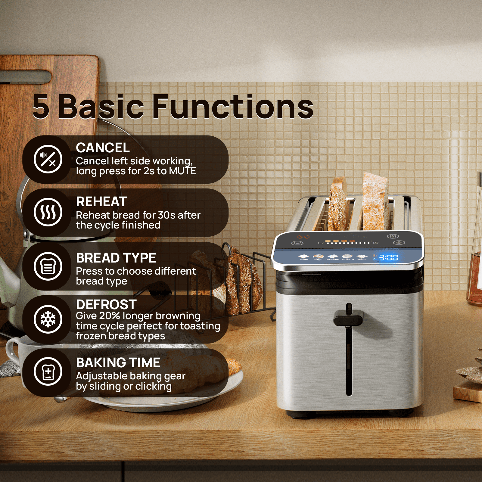 WHALL 4 Slice Toaster, TouchScreen Toasters with Projection Display, Long Extra Slots, Bagle / Reheat/Defrost Stainless Steel